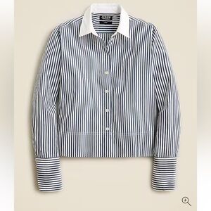 J. Crew Cropped Garcon Womens 14 Blue White Striped Shirt 100% Organic Cotton